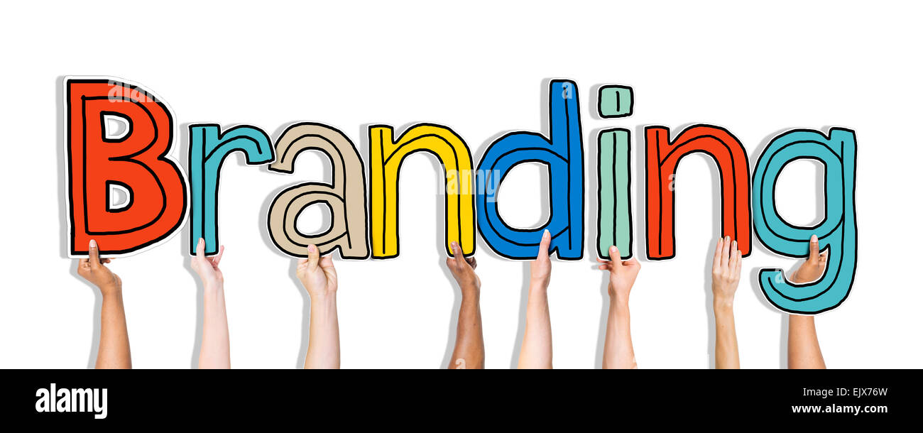 Diverse Hands Holding the Word Branding Stock Photo