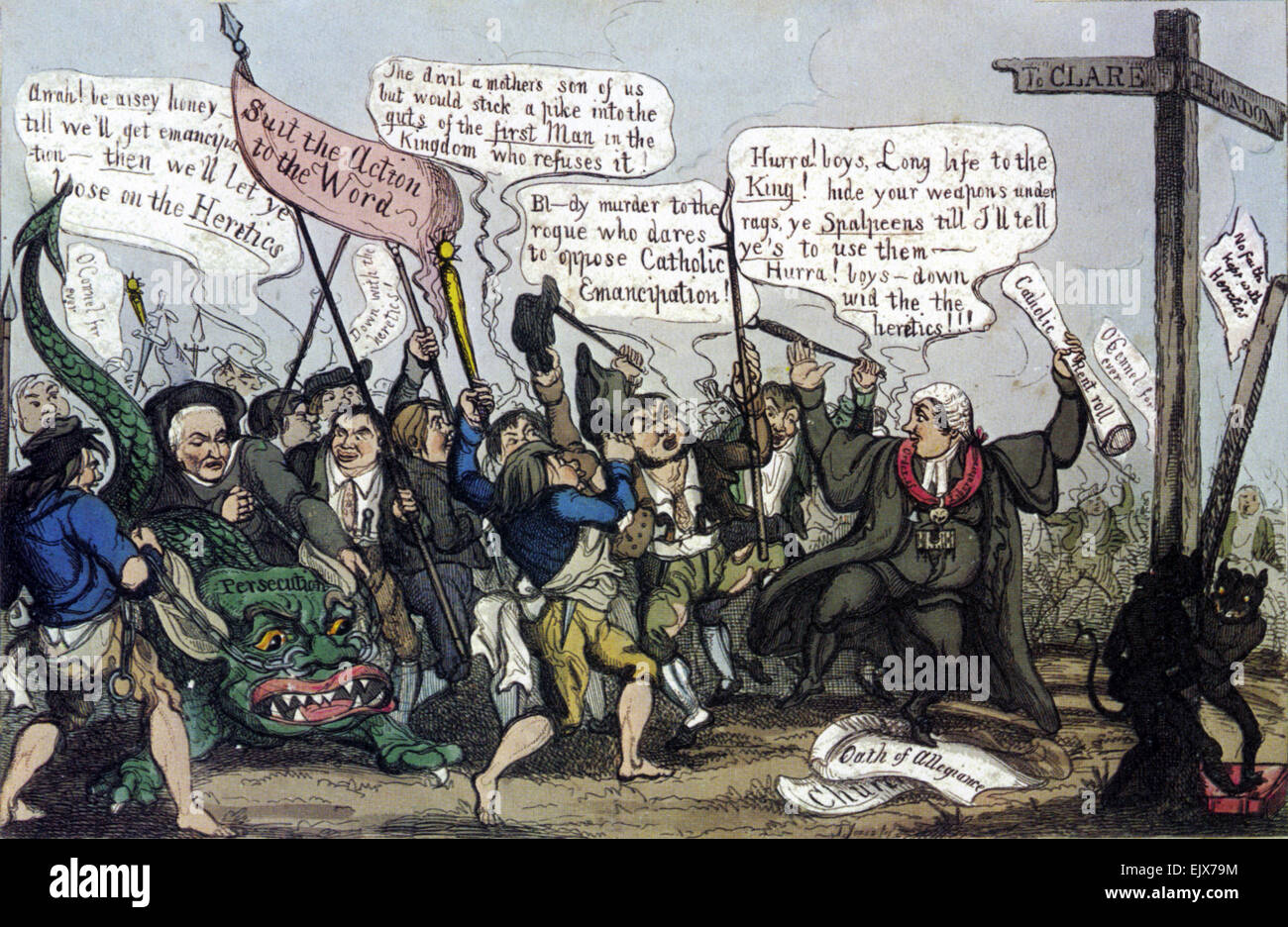 DANIEL O'CONNELL and his supporters celebrate the prospect of Catholic emancipation claiming it will unleash the Devil of persecution on Protestants. Cartoon about 1828 Stock Photo