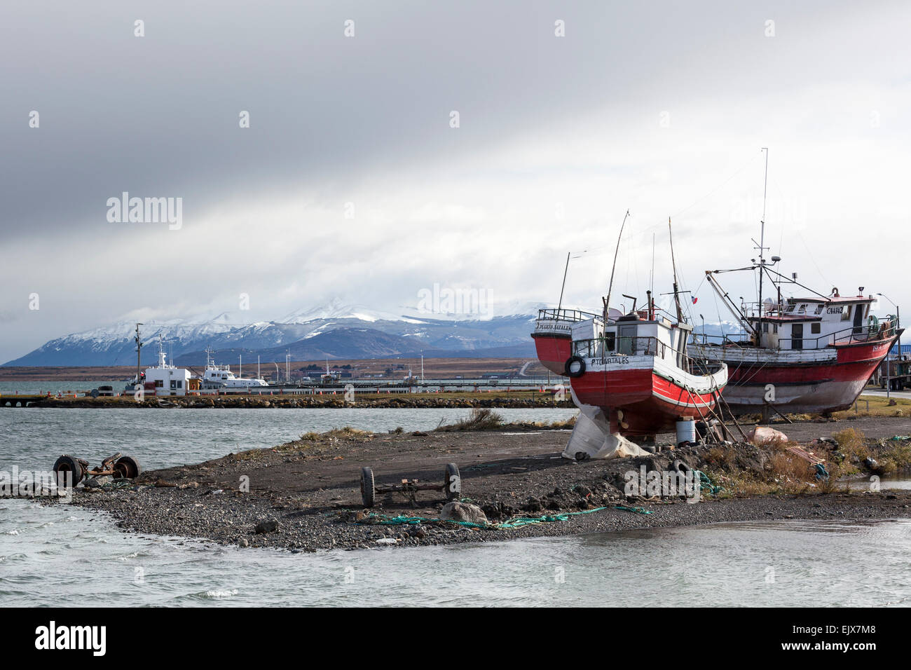 Old and new boats in Puerto Natales, Magallanes Region of Chile Stock Photo