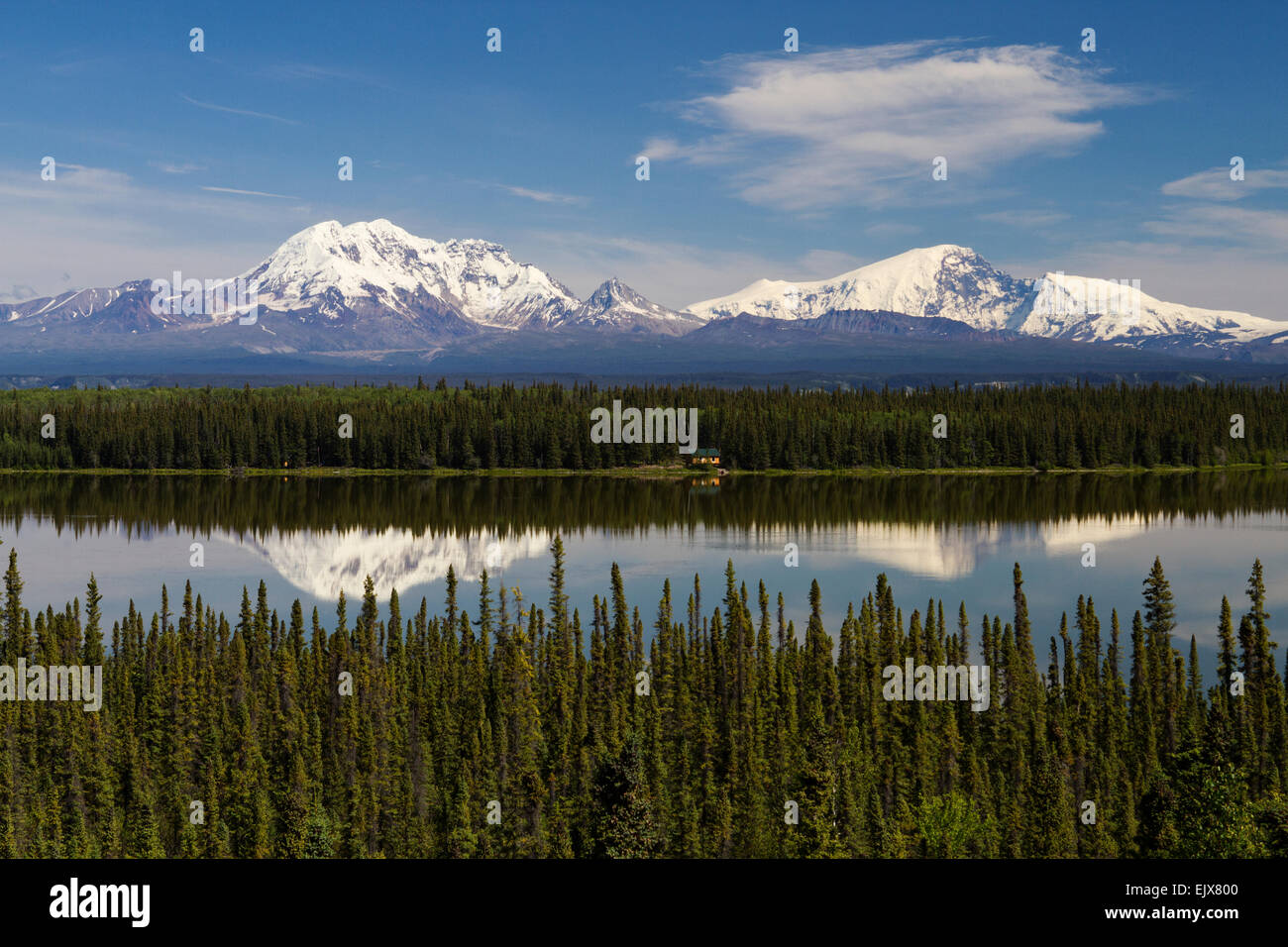 Wrangell Mountains reflecting in Willow Lake in Alaska Stock Photo