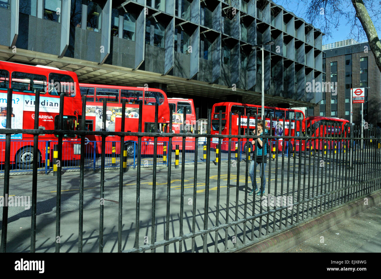 London Bus Railing Buses and railing, Euston Bus Station, London England Britain UK Stock ...