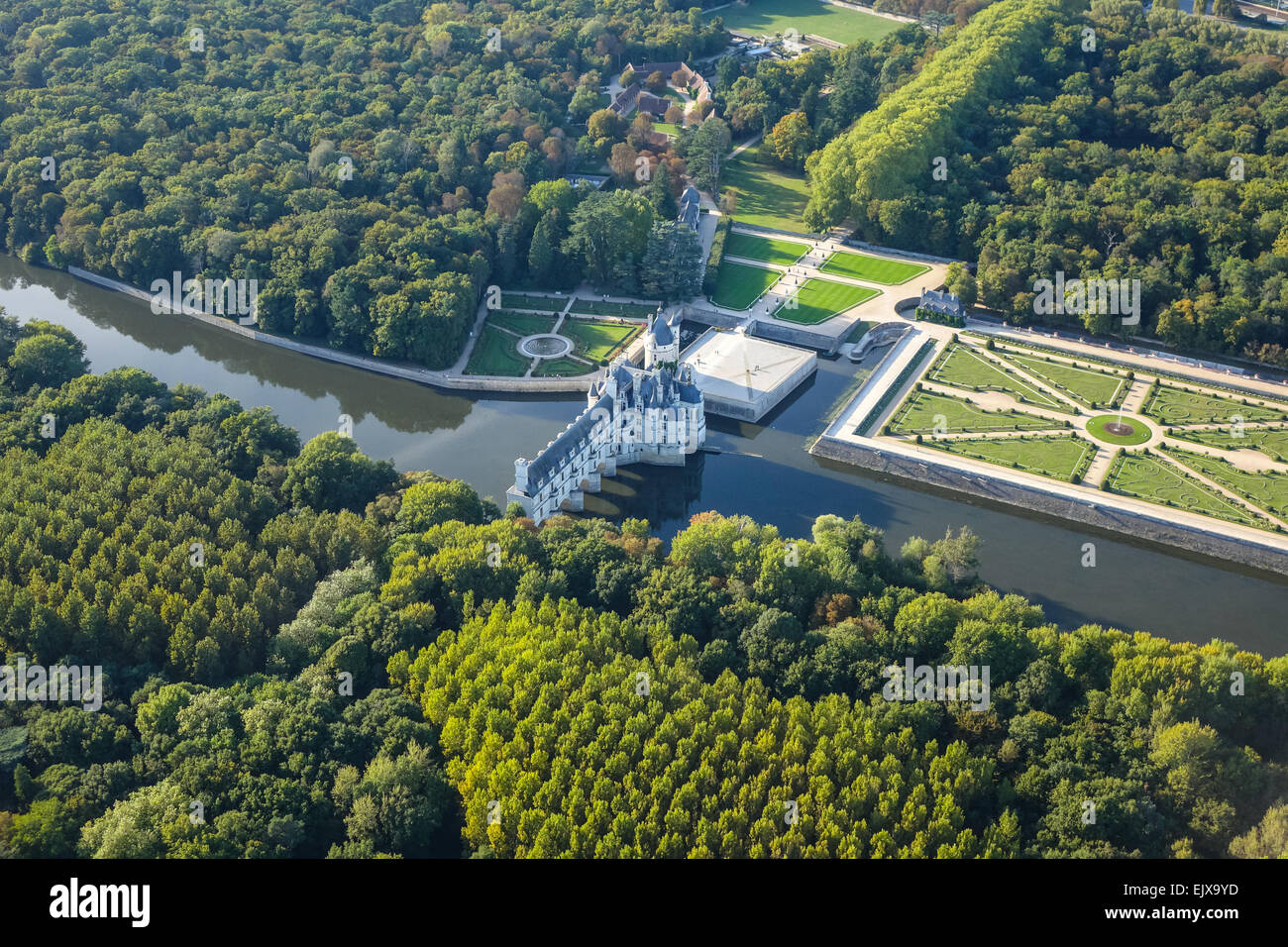 Chateau Chenonceau, Loire Valley, France. Aerial view from a ulm aircraft showing the palace and the river cher. Stock Photo