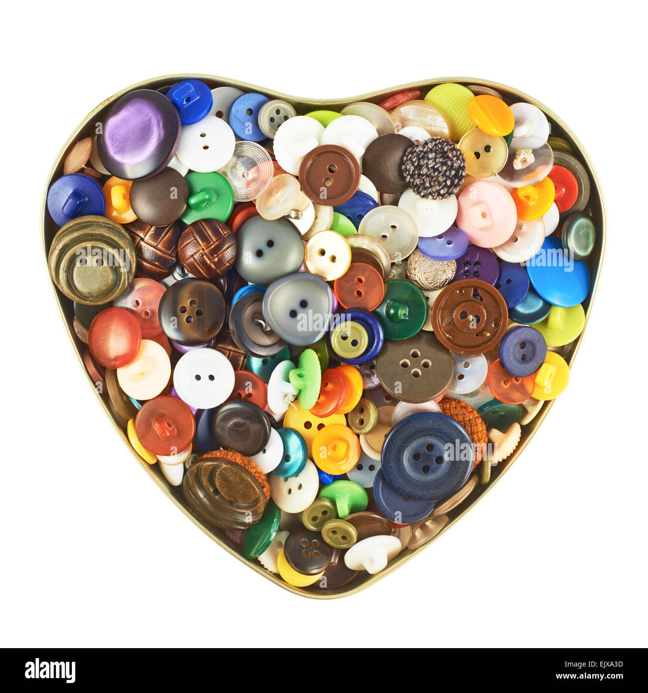 Heart shaped box filled with buttons Stock Photo