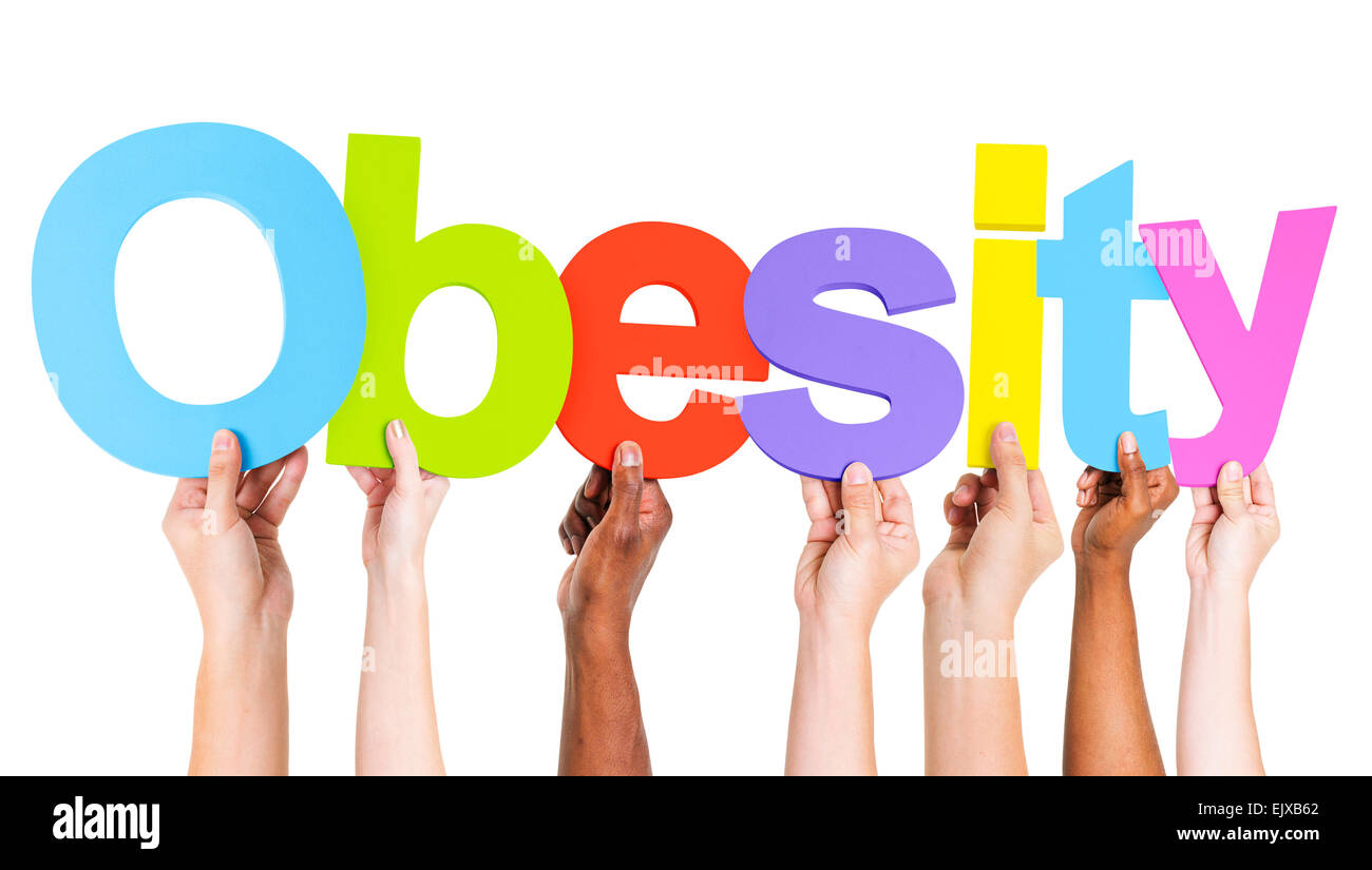 Multiethnic Arms Raised Holding Text Obesity Stock Photo