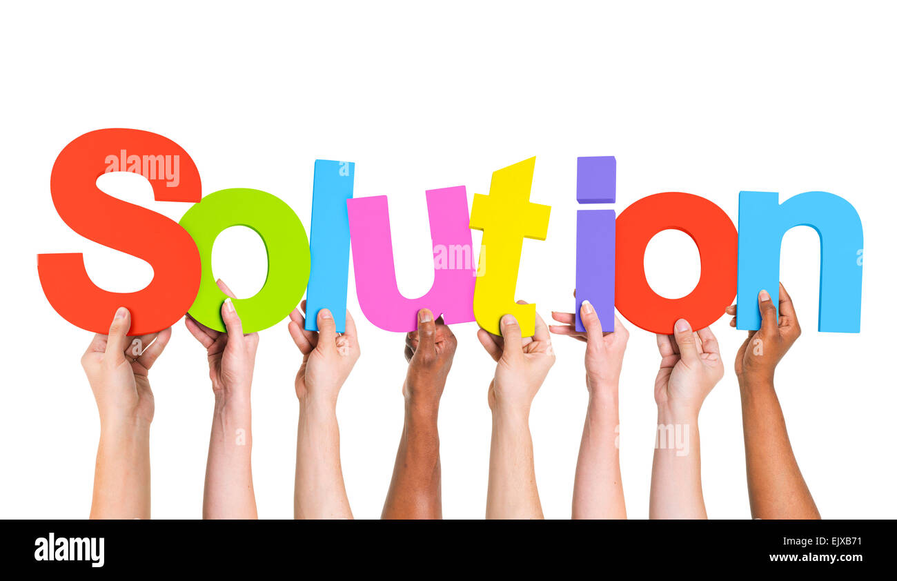 Diverse Hands Holding The Word Solution Stock Photo Alamy