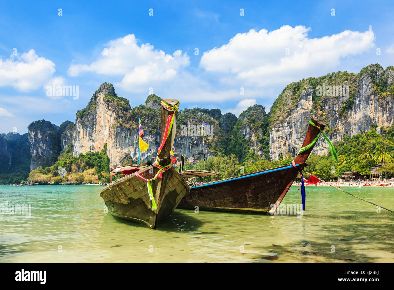 Long Tail boats at the Railay West Beach, Thailand. Stock Photo