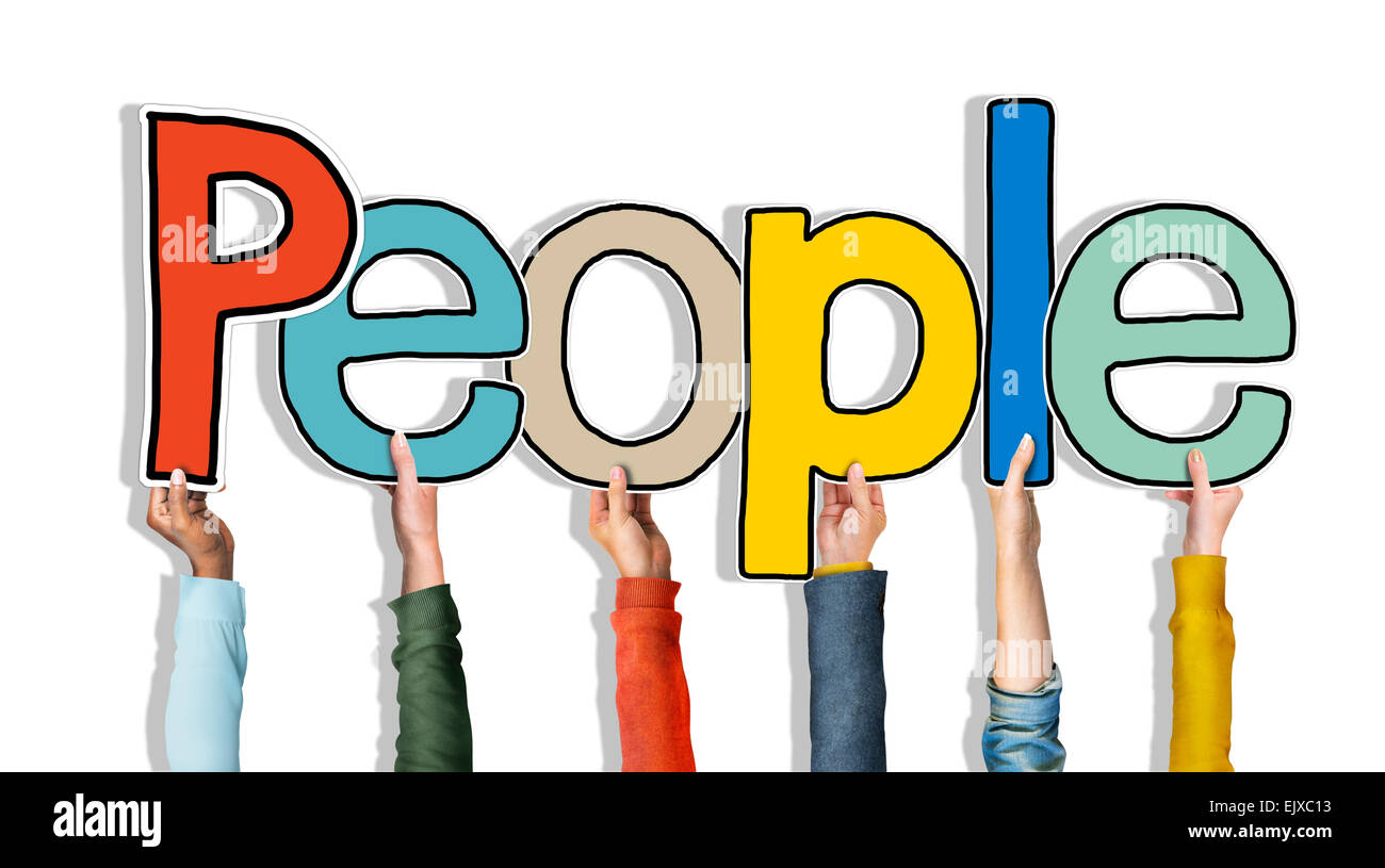 Multi ethnic Group of Hands Holding Word People Stock Photo - Alamy