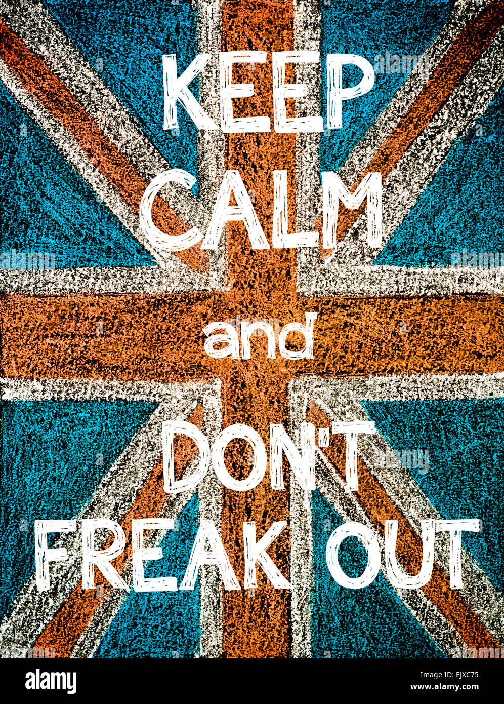 Keep Calm and Don't Freak Out. United Kingdom (British Union jack) flag, vintage hand drawing with chalk on blackboard, humor concept image Stock Photo