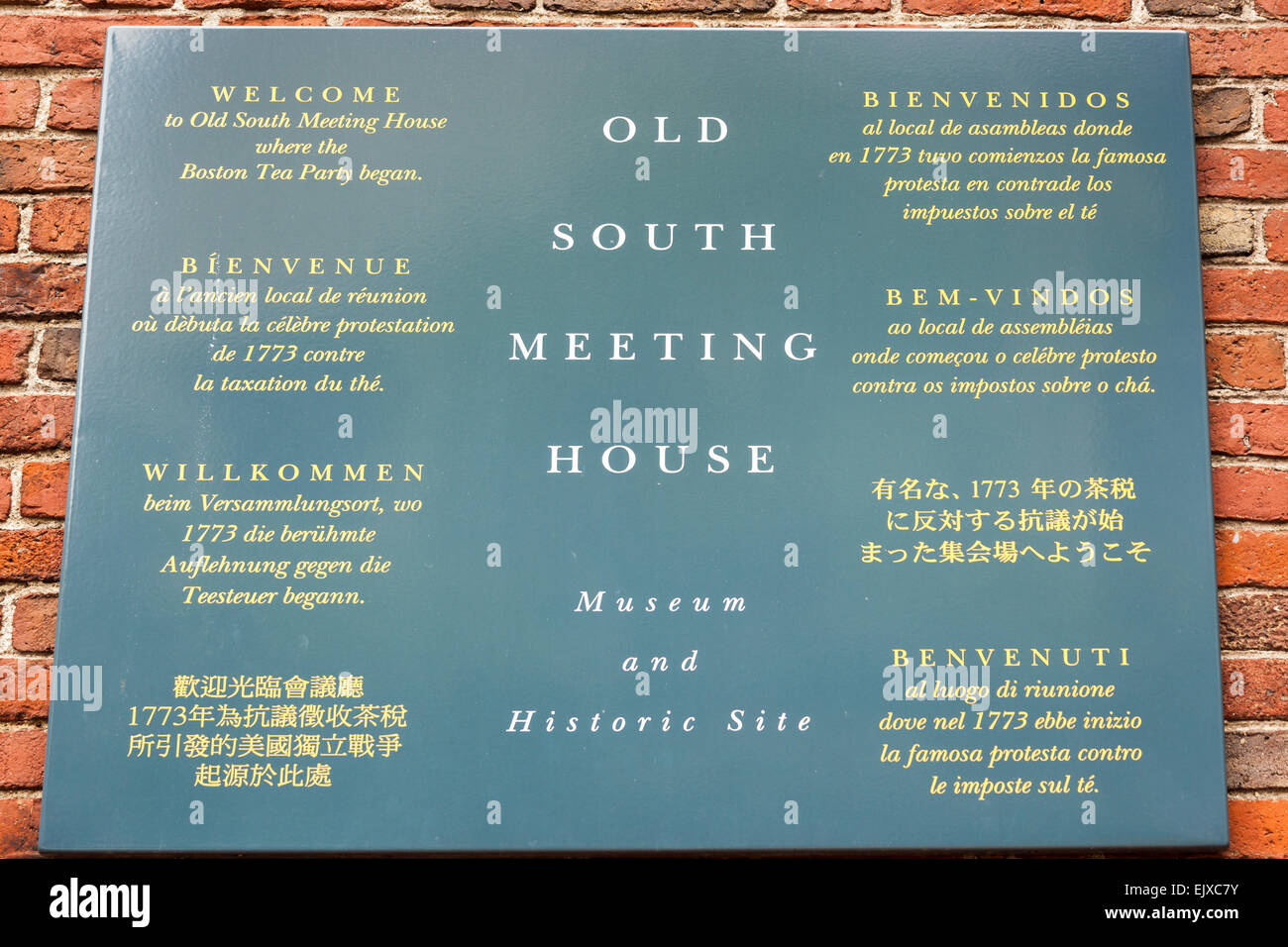 Sign outside Old South Meeting House, Washington Street, Boston, Massachusetts, USA Stock Photo