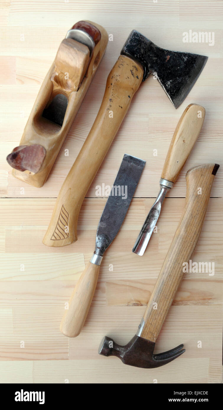 Carpenter Tools Axe, Hammer and Chisels for Woodworking Stock Photo Alamy