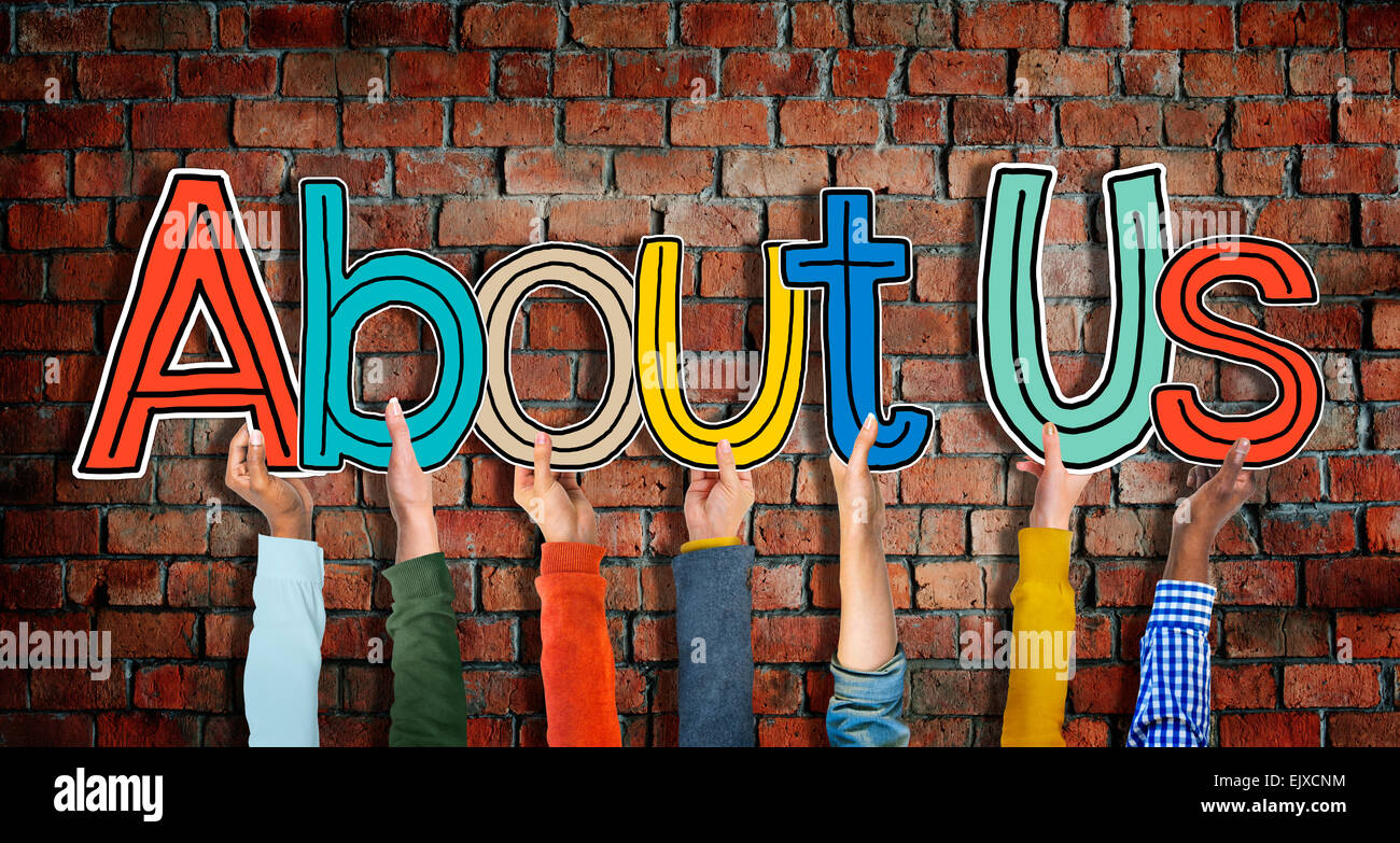 Multiethnic Group of Hands Holding Word About Us Stock Photo - Alamy