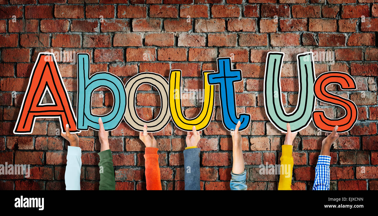 Multiethnic Group of Hands Holding Word About Us Stock Photo - Alamy
