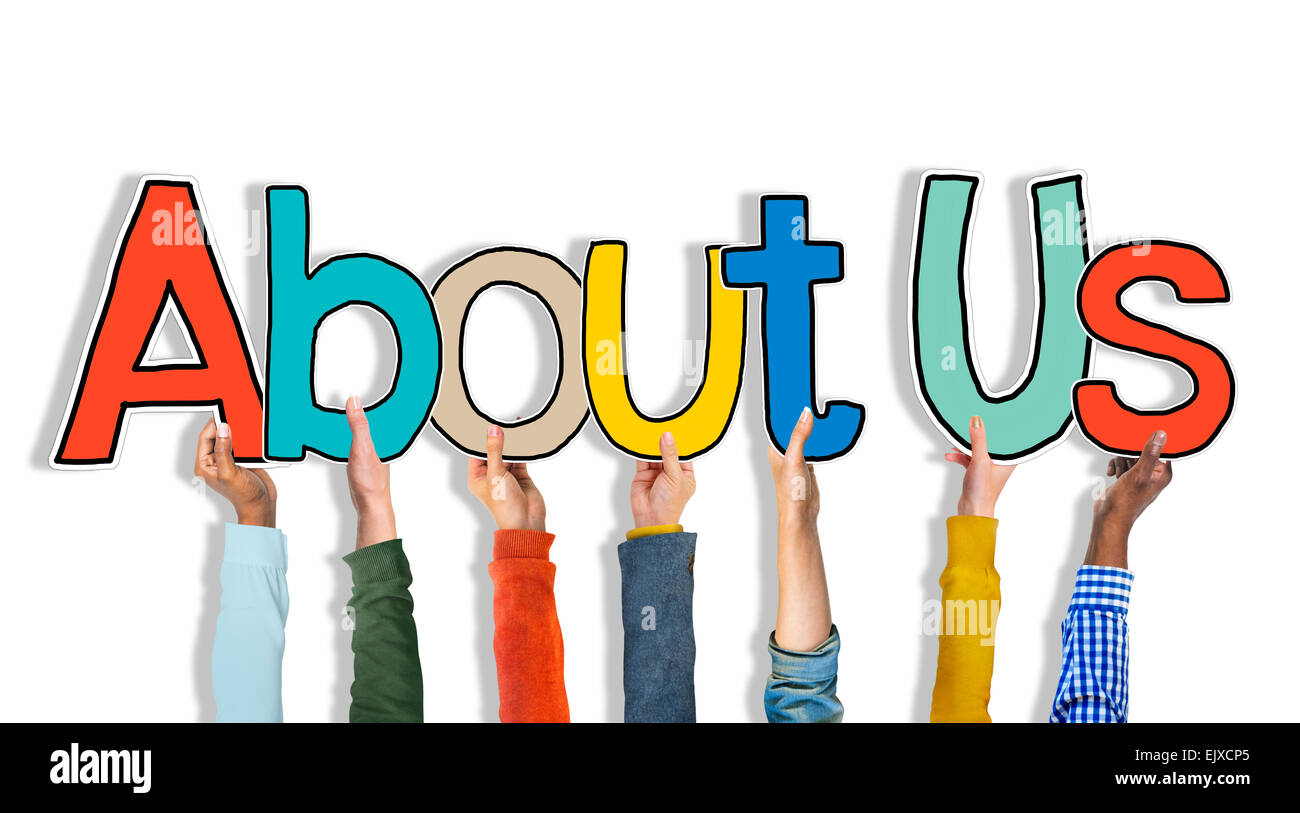 Multiethnic Group of Hands Holding Word About Us Stock Photo - Alamy