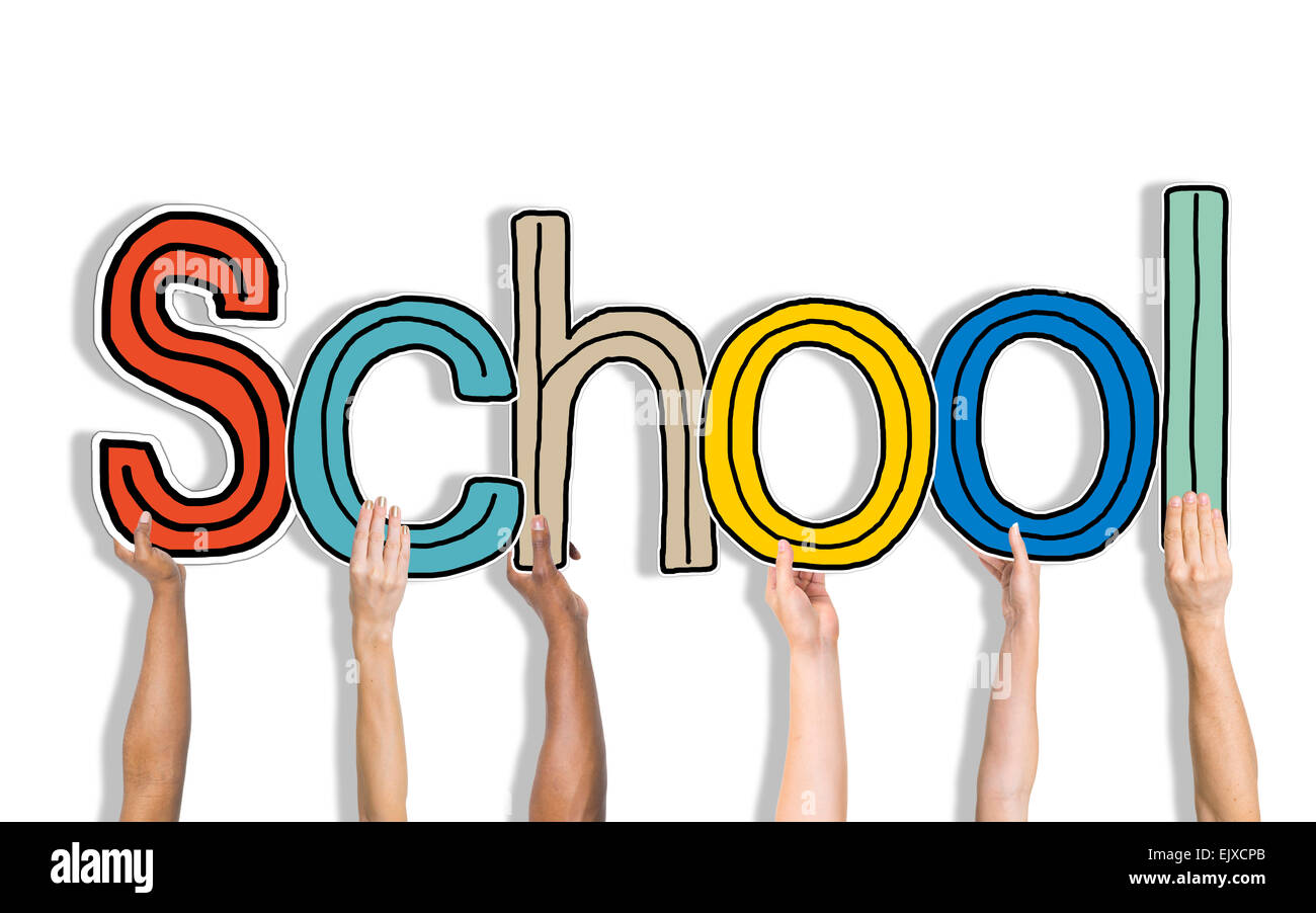 Multiethnic Group of Hands Holding Word School Stock Photo - Alamy