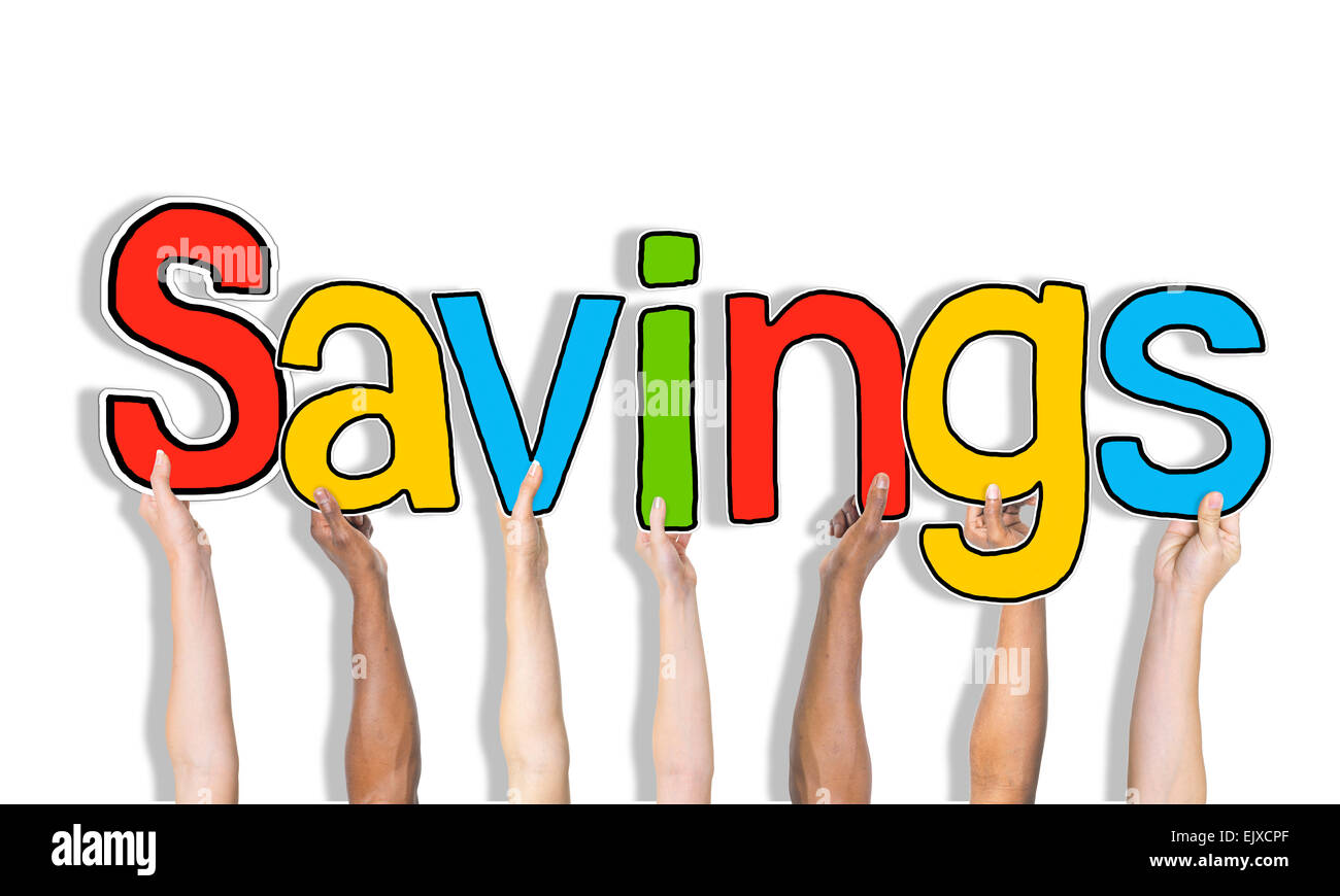 Multiethnic Group of Hands Holding Word Savings Stock Photo - Alamy
