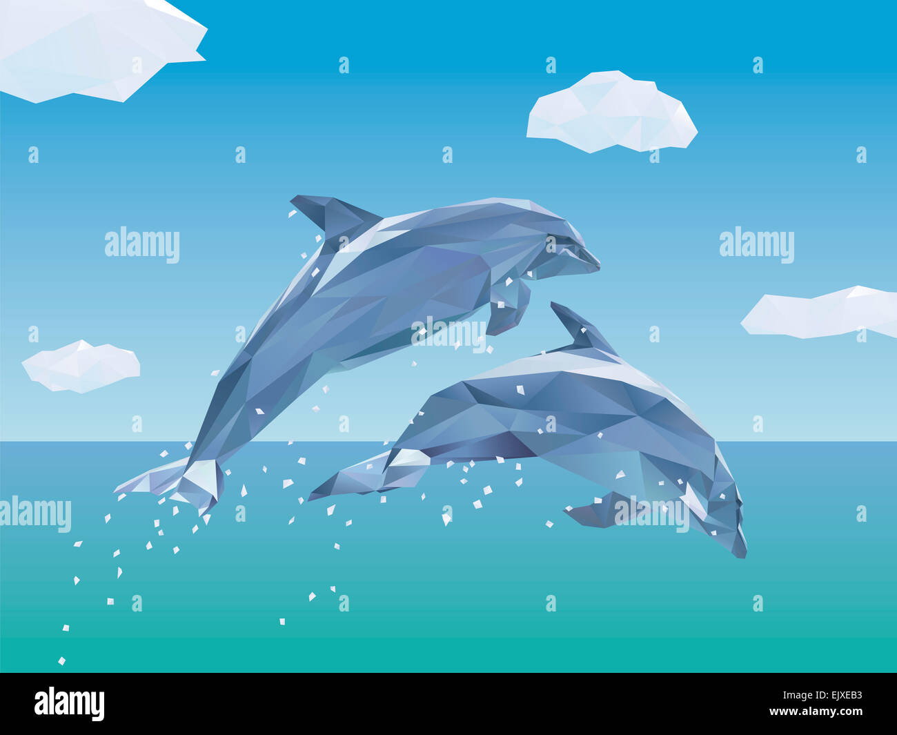 Low Poly Illustration of two Dolphins jumping out of the sea, clouds in the sky Stock Photo
