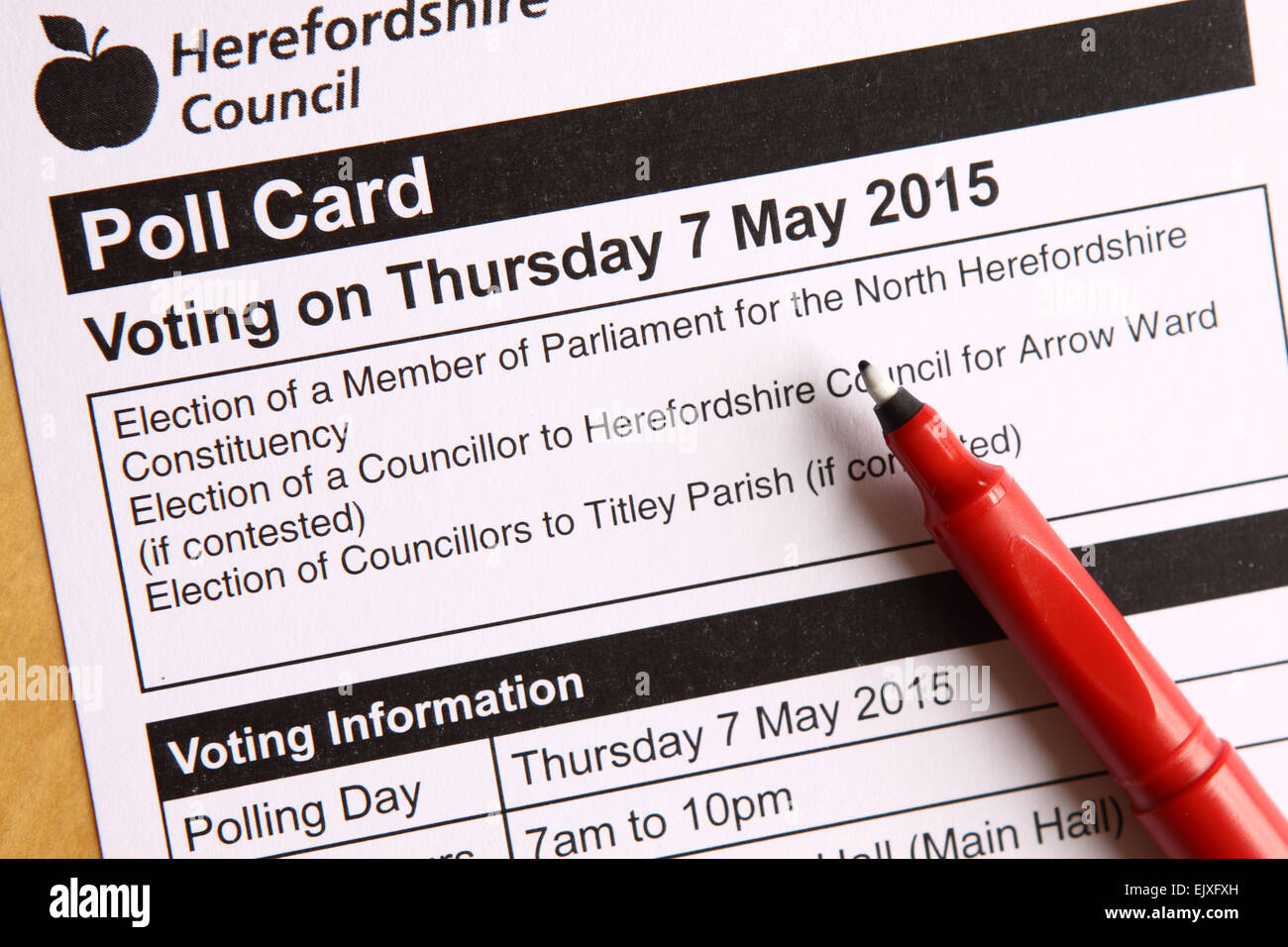 April 2015. Herefordshire Council have started to deliver voting Poll Cards to voters in the county ready for the General Elections on 7th May 2015. Registered voters will be able to vote for their local Member of Parliament ( MP ) in the national General Election, local county councillor and also local parish councillor. Stock Photo