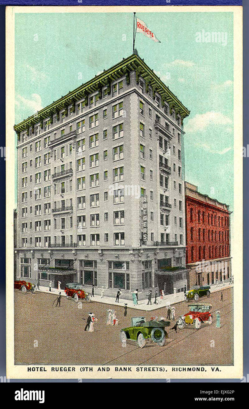 This image shows Hotel Rueger, located at the intersection of 9th and Bank Streets in Richmond, Virginia, as seen in early twentieth-century postcards. The structure is a historic site that reflects the social and cultural atmosphere of the time. Stock Photo