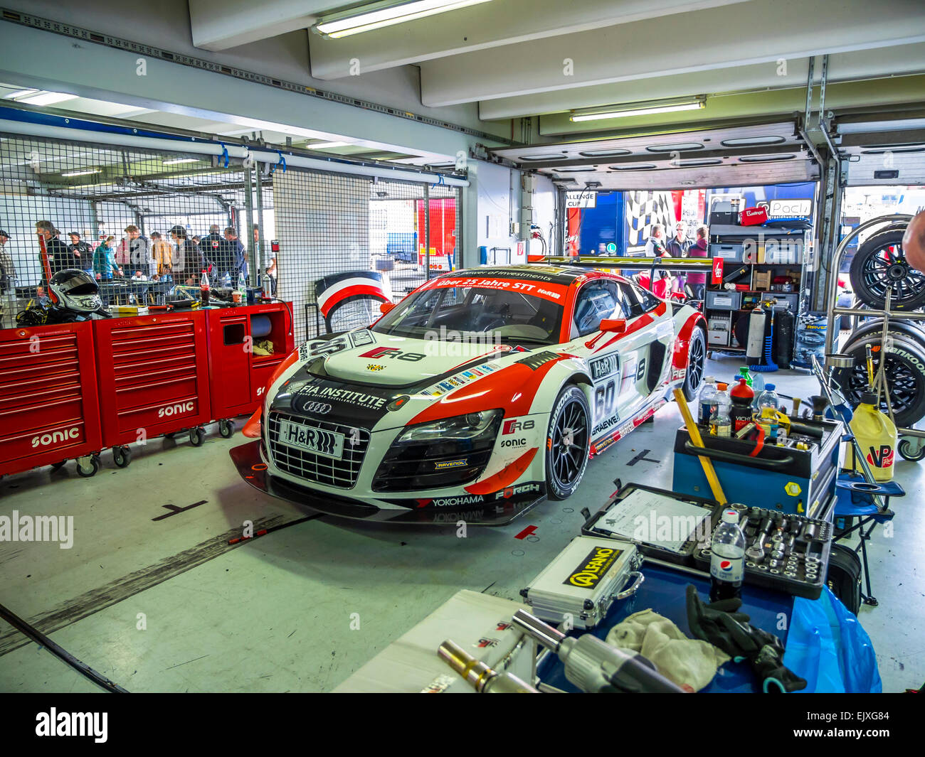 Germany, Hockenheimring, Audi R 8  touring car in garage Stock Photo