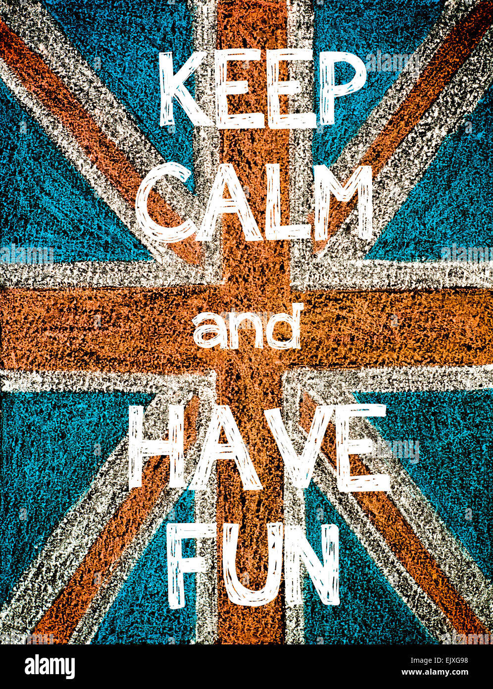 Keep Calm and Have Fun. United Kingdom (British Union jack) flag, vintage hand drawing with chalk on blackboard, humor concept image Stock Photo