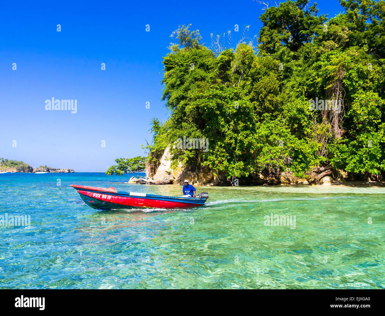 Caribbean, Greater Antilles, Jamaica, Portland Parish, Port Antonio, Pellew Island, boat Stock Photo