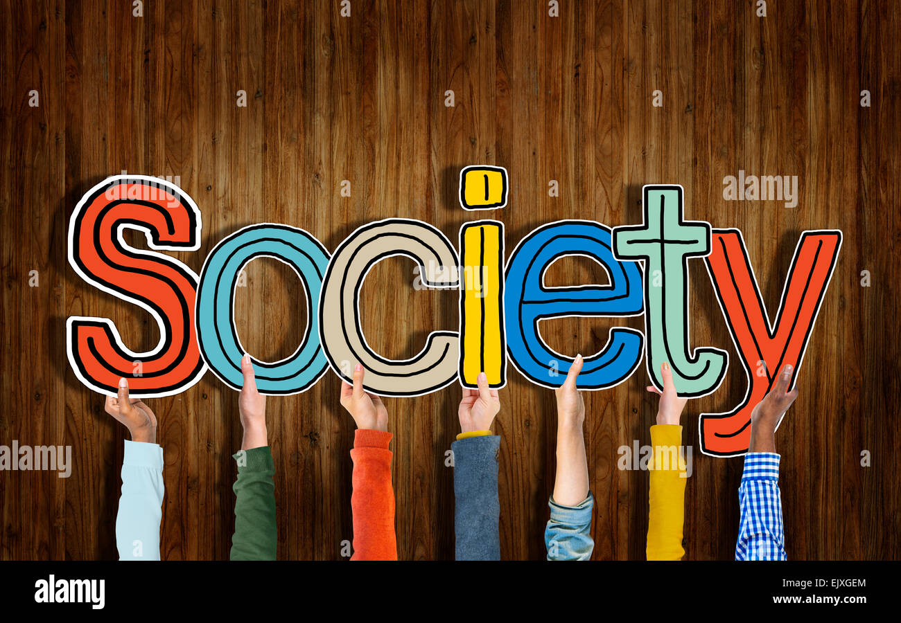 Multiethnic Group of Hands Holding Word Society Stock Photo - Alamy