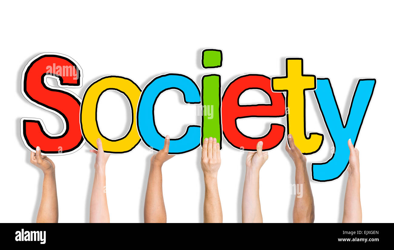 Multiethnic Group of Hands Holding Word Society Stock Photo - Alamy