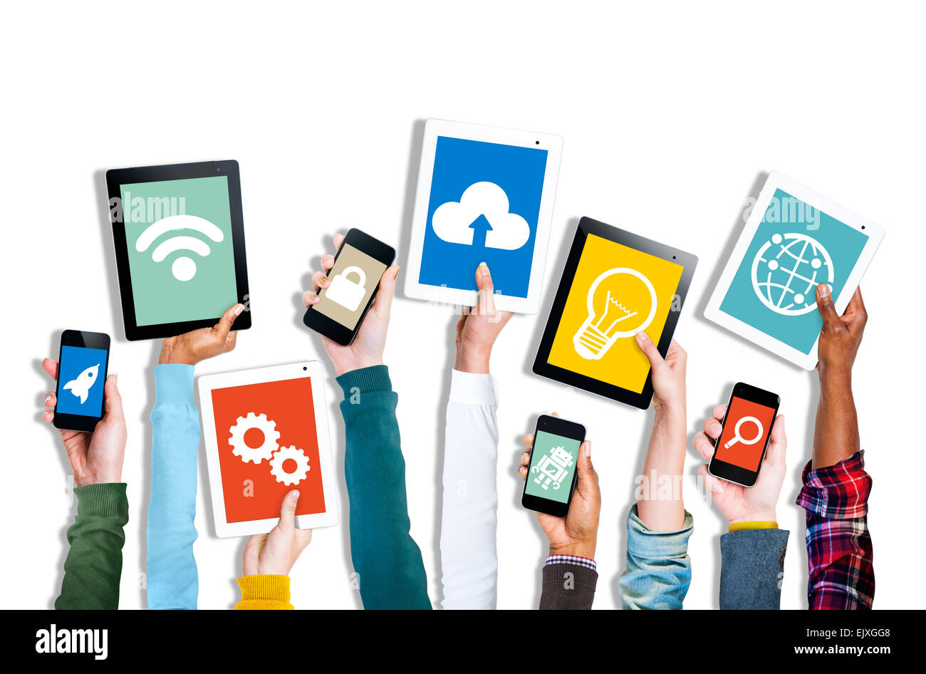 Hands Holding Digital Devices with Various Symbols Stock Photo - Alamy