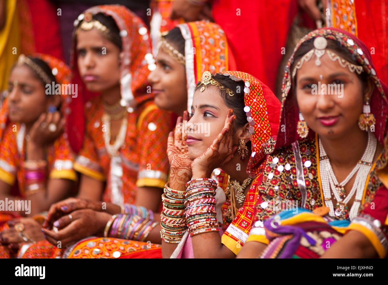 India, Rajasthan, Pushkar, young women at camel market Pushkar Mela