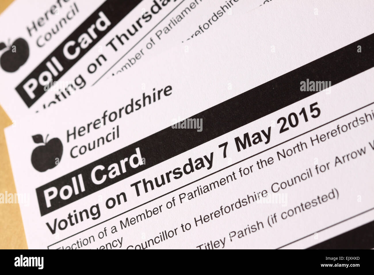 April 2015. Herefordshire Council have started to deliver voting Poll Cards to voters in the county ready for the General Election on 7th May 2015. Registered voters will be able to vote for their local Member of Parliament ( MP ) in the national General Election, local county councillor and also local parish councillor. Stock Photo