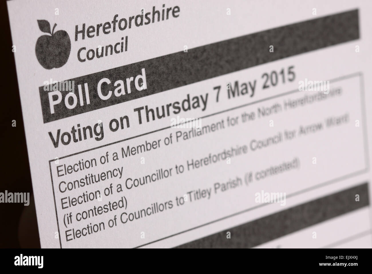 April 2015. Herefordshire Council have started to deliver voting Poll Cards to voters in the county ready for the Elections on 7th May 2015. Registered voters will be able to vote for their local Member of Parliament ( MP ) in the national General Election, local county councillor and also local parish councillor. Stock Photo