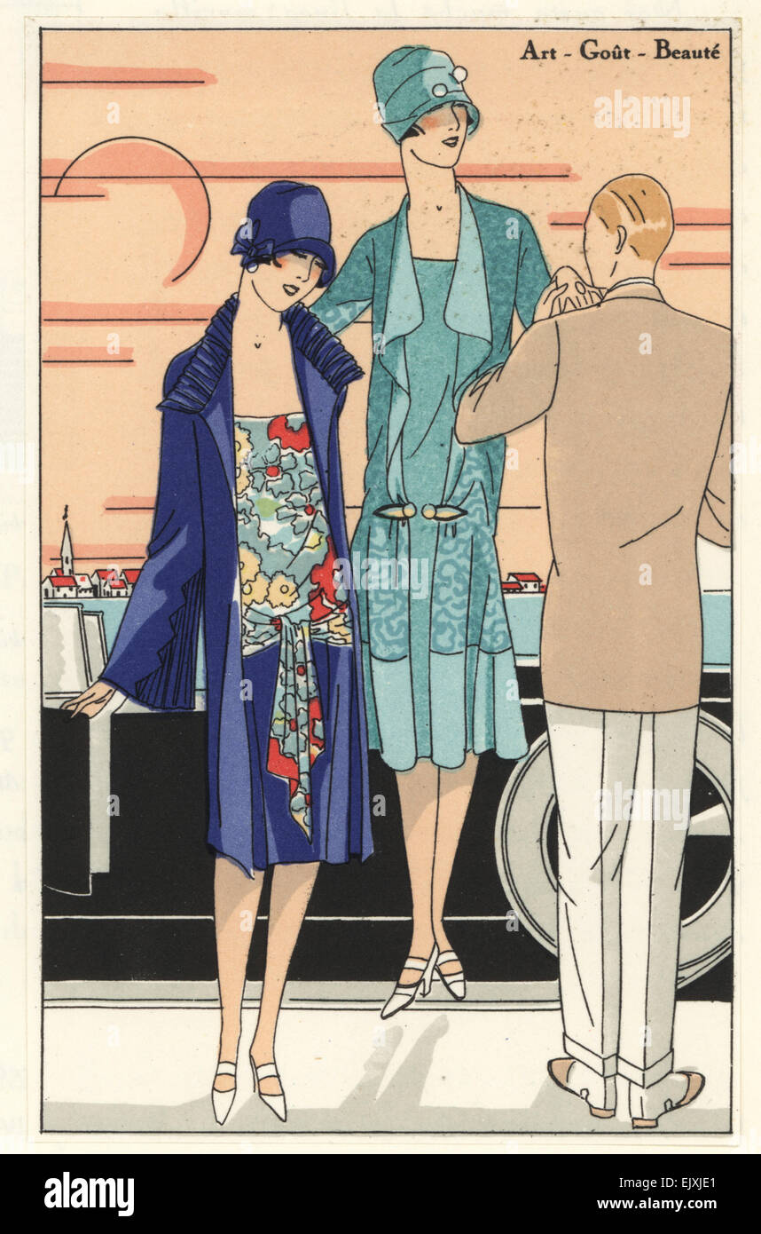Women in afternoon dresses getting out of an automobile. One in crepe de chine and printed muslin, the other in green crepe de chine, 1926. Stock Photo