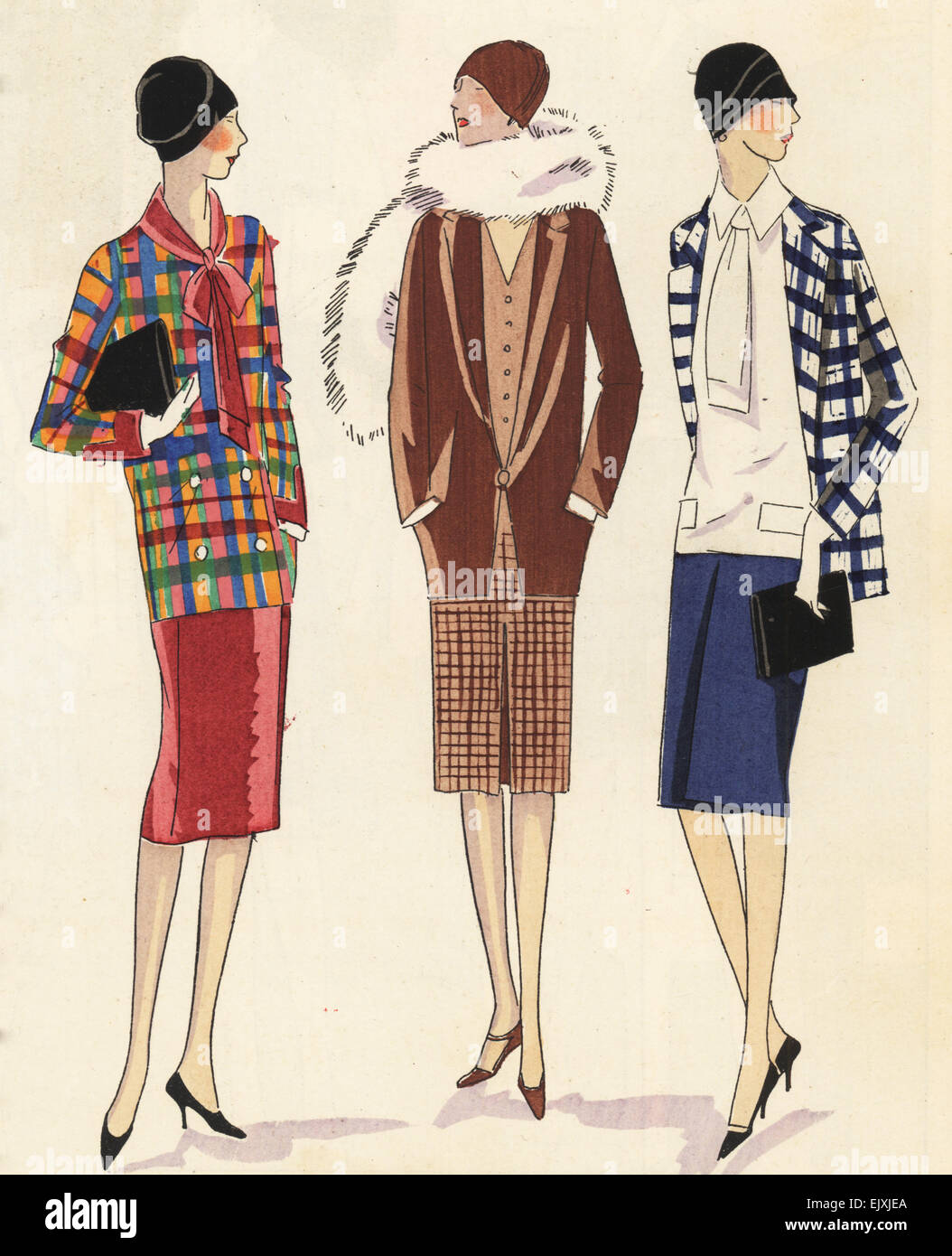 Woman in sports jacket of tartan taffeta and velvet skirt, woman in suit of chestnut and check linen, and woman in sports ensemble of blue and check linen. Stock Photo
