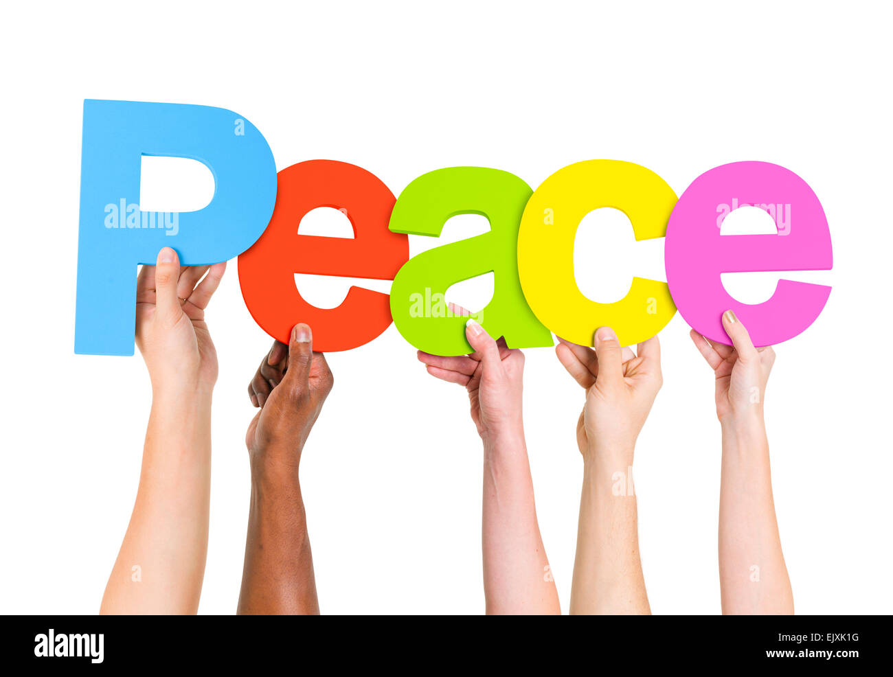 Multi Ethnic People Holding The Word Peace Stock Photo