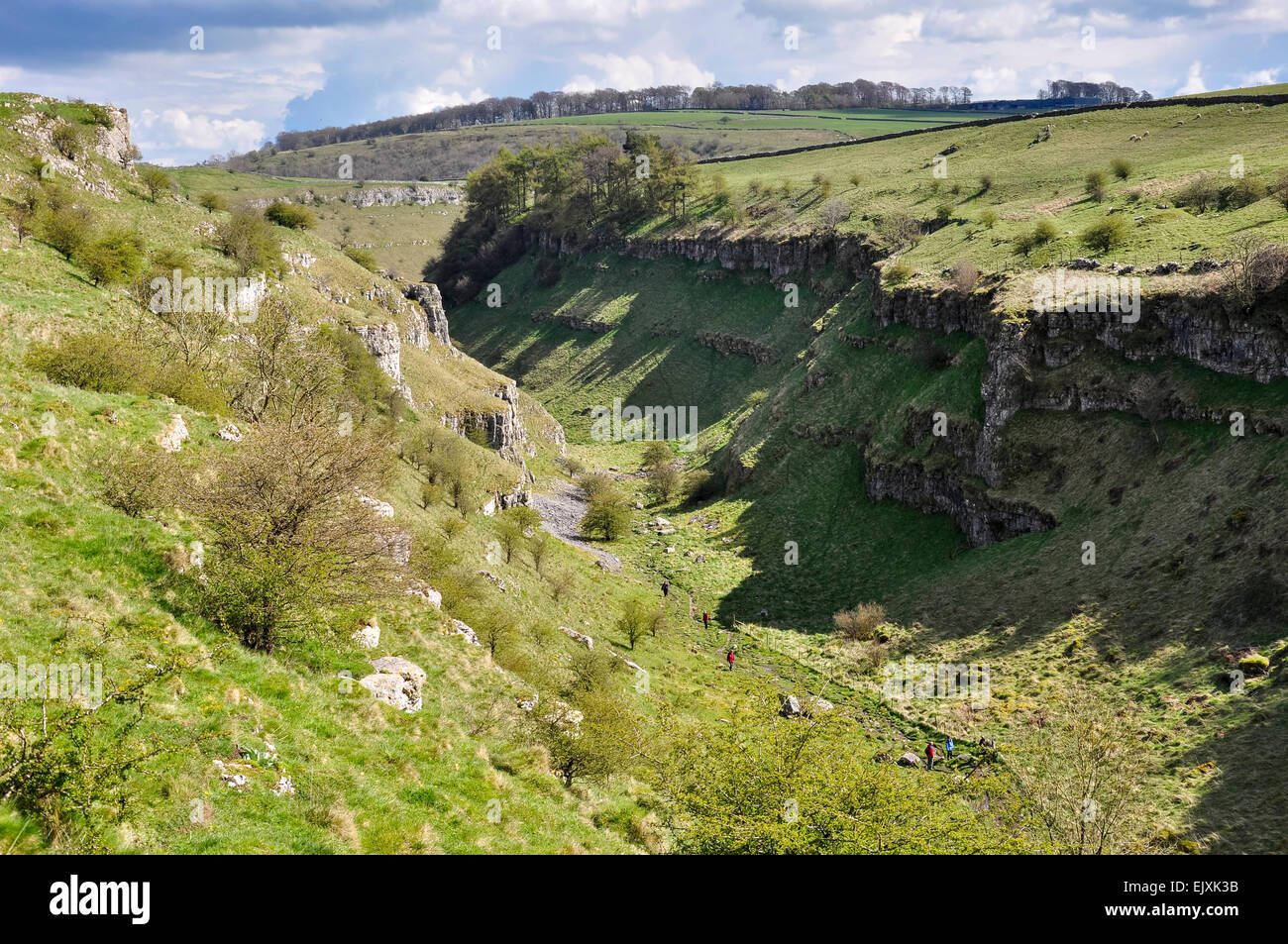 Lathkill Dale in the White Peak. The upper section near the village of Monyash. Dramatic limestone scenery. Stock Photo