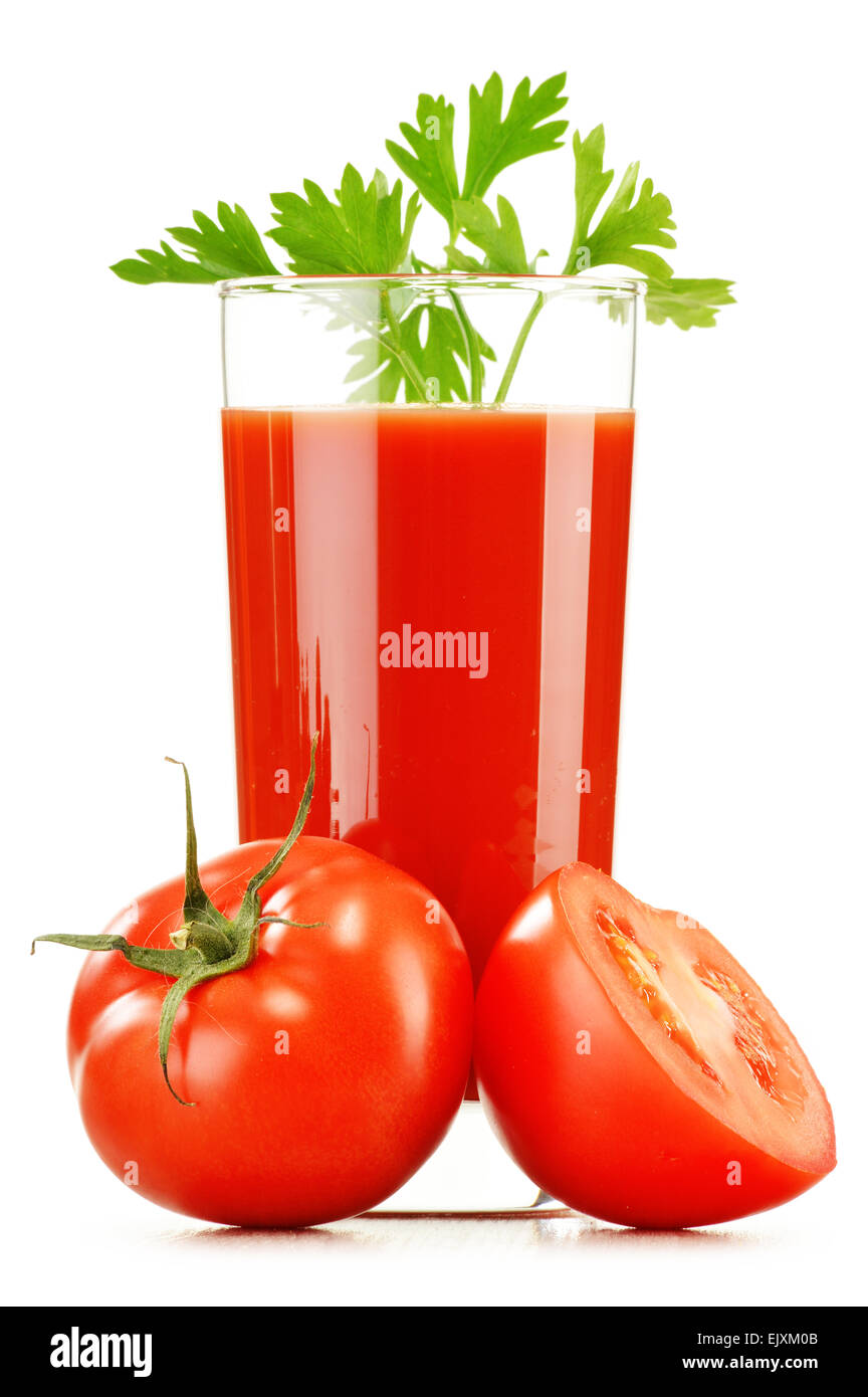 Glass with fresh tomato juice isolated on white. Detox diet Stock Photo