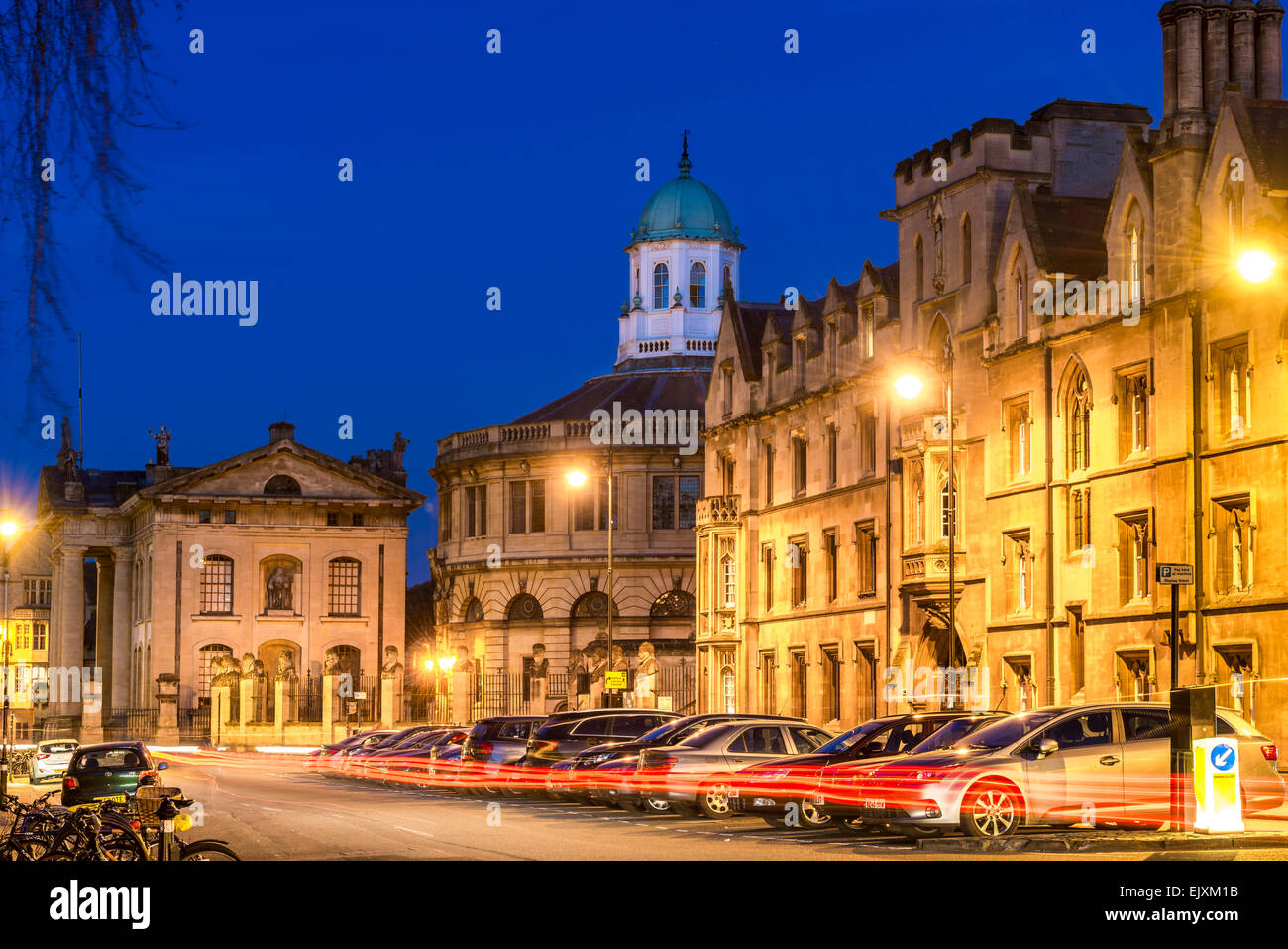 View down Broad Street a dusk taking in Exeter College and the Sheldonian Theatre, buildings of Oxford University Stock Photo