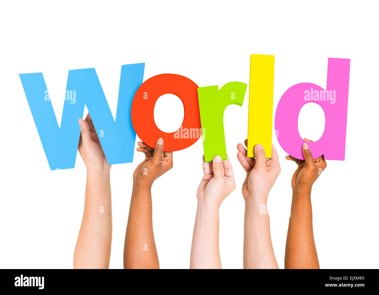 Multi-Ethnic Group Of People Holding The Word World Stock Photo