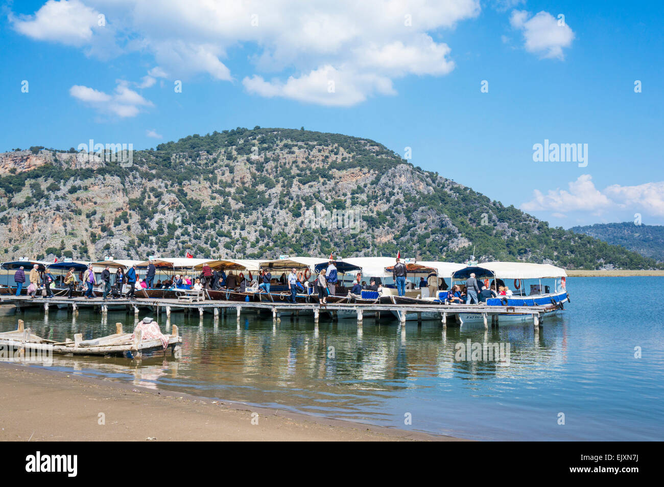 Cruise boats at Iztuzu beach, Dalyan river delta, Mugla Province, Aegean Region, Turkey Stock Photo