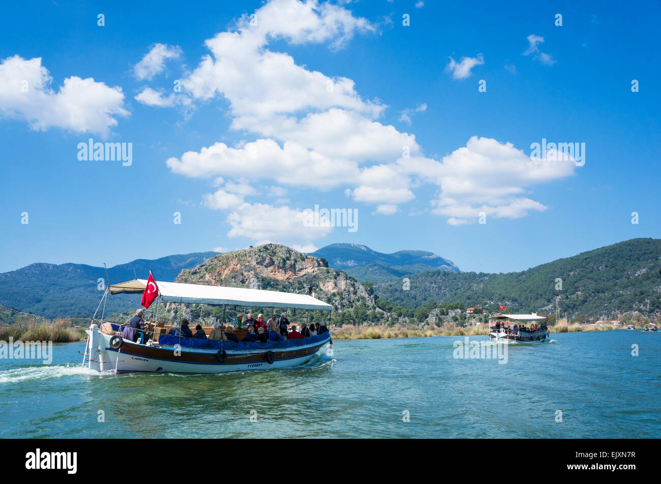 Tourist cruise boats on Dalyan River delta, Mugla Province, Aegean Region, Turkey Stock Photo