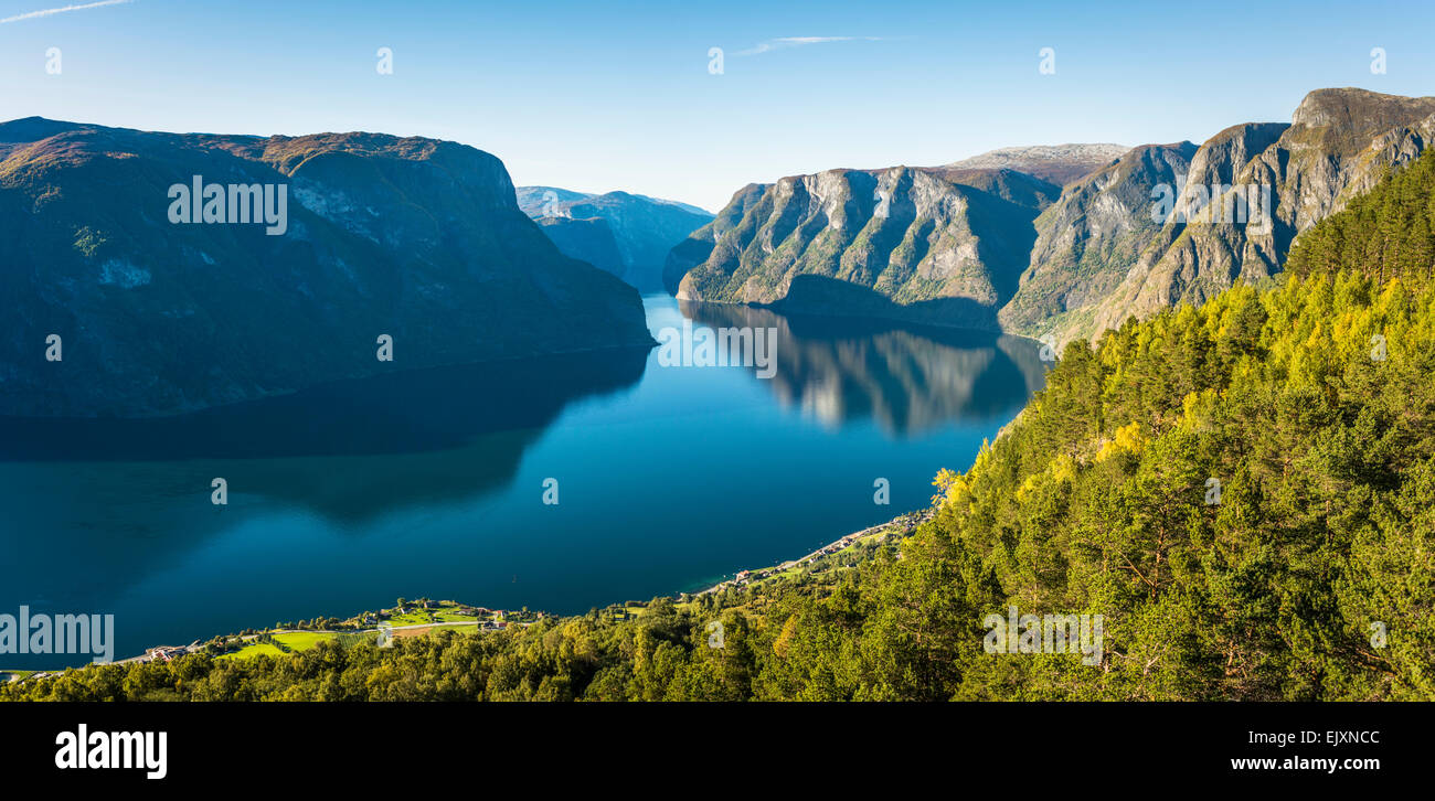 Autumn sunlight on the Aurlandsfjord, Norway Stock Photo