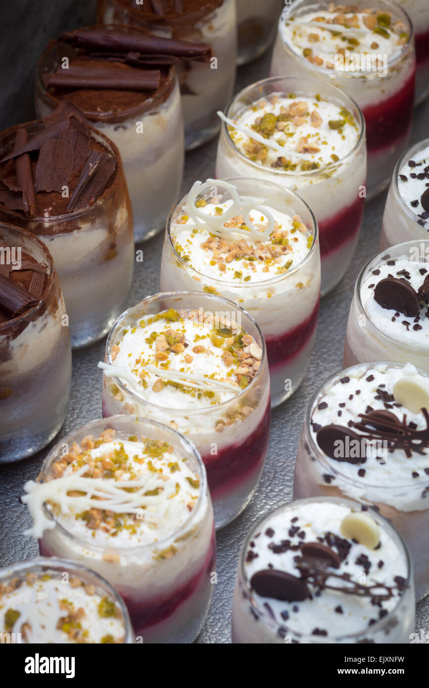 Desserts displayed in protective glasses (France). Desserts présentés sous forme de verrines (France). Stock Photo