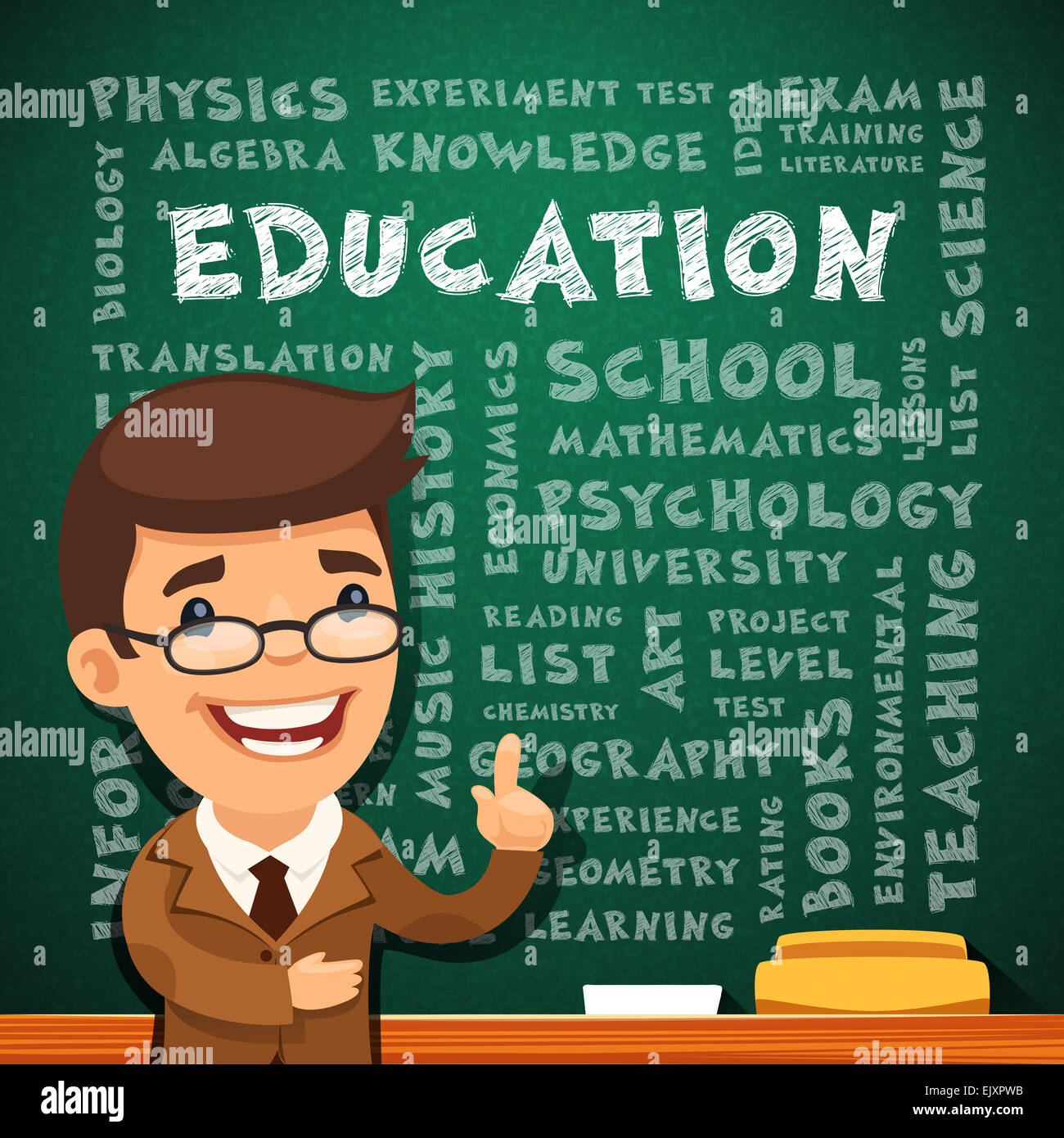Teacher With Education Poster on Blackboard Stock Photo Alamy