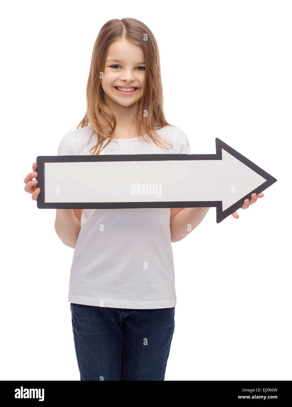 smiling girl with blank arrow pointing right Stock Photo - Alamy