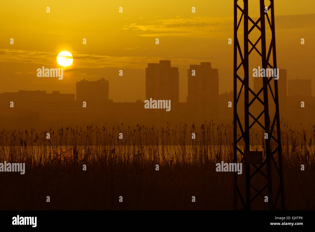 Power pole silhouettes in yellow cloudy sunset background, dark photo, dramatic, city scene Stock Photo