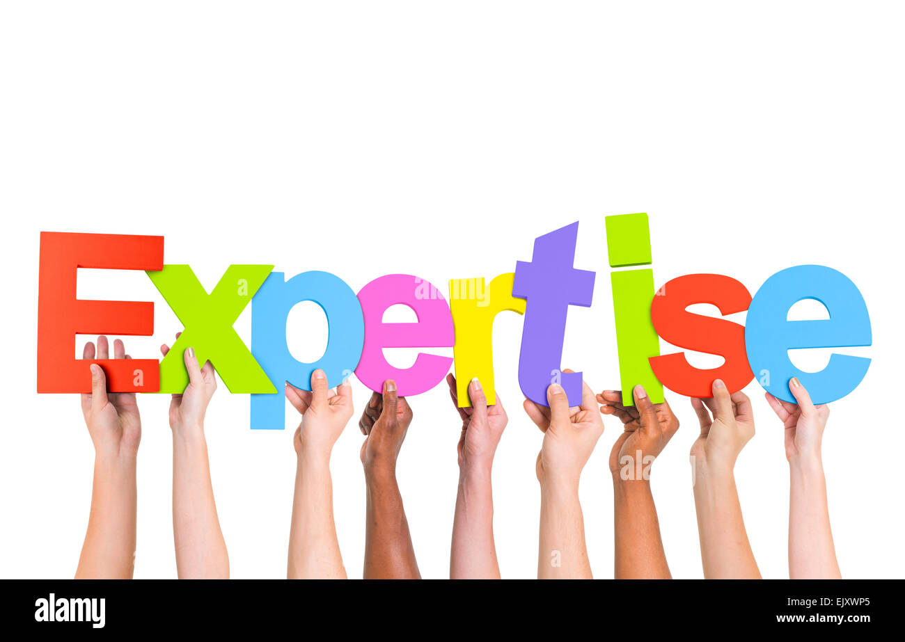 Diverse Hands Holding The Word Expertise Stock Photo