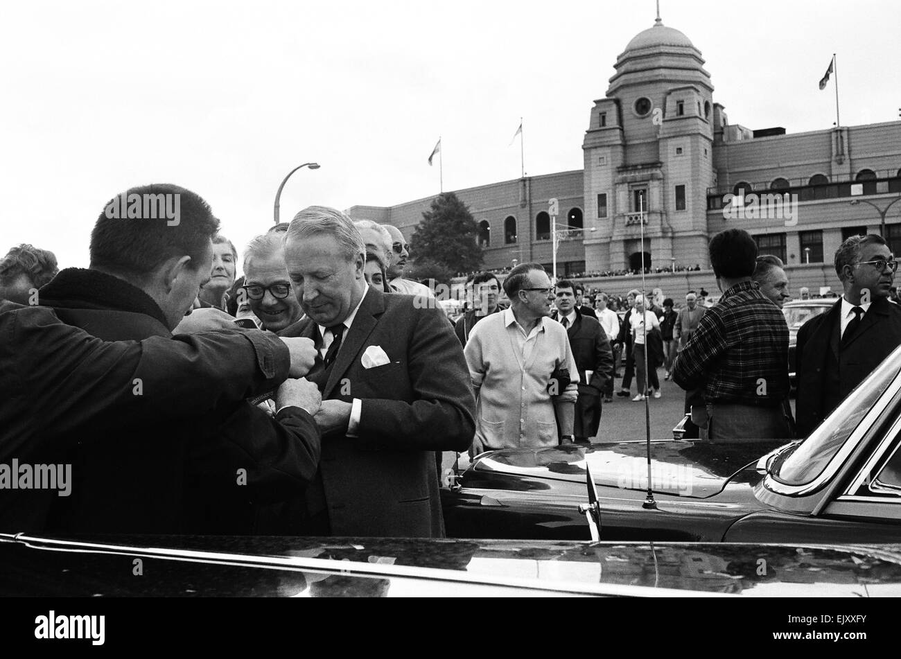 Tory leader Edward Heath signs autographs outside Wembley Stadium on day of World Cup Final, 30th July 1966. Stock Photo