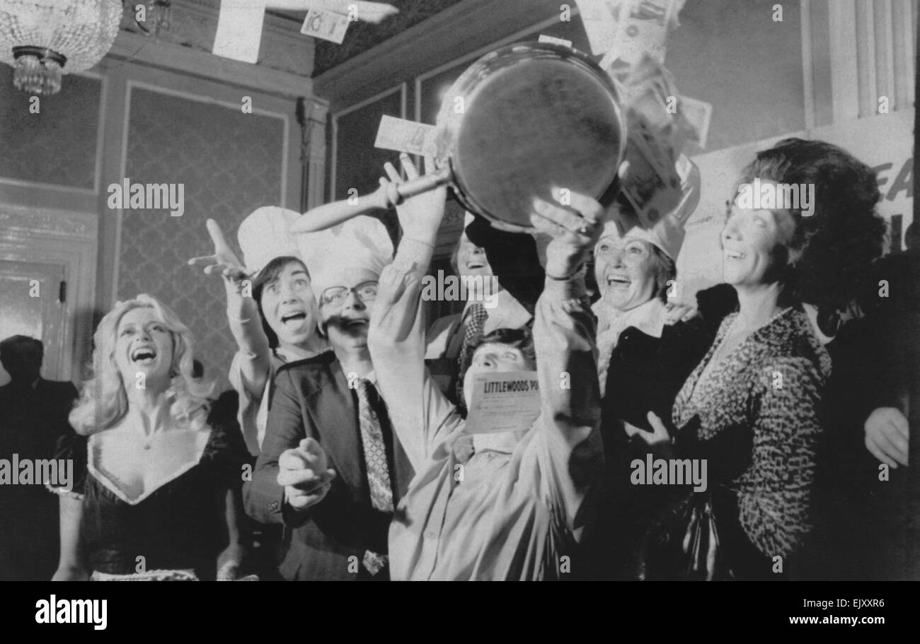 Staff syndicate at Grocers, Fortnum and Mason, celebrate after winning more than £500,000 on the pools, November 1978.    The 36 staff, made up of cooks, waitresses and the stores resident model, staked £9.09 for their massive win.    It works out at nearly £14,000 each. *** Local Caption *** Isabel Bergamin - waitress  Eileen Johnson - waitress  Pat O'Donnell Stock Photo