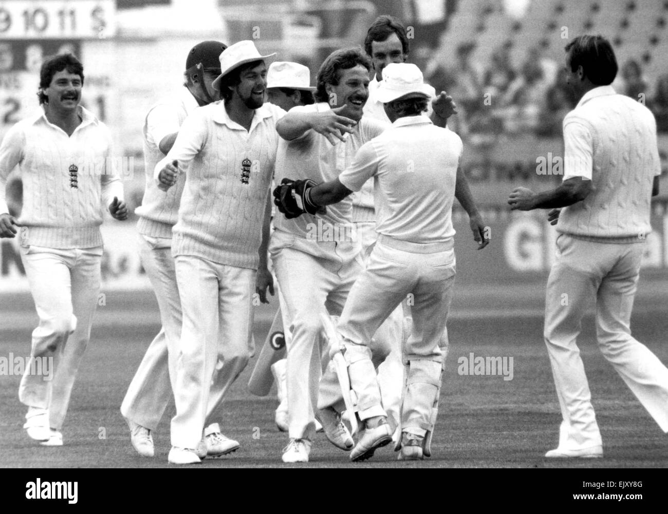 England v Pakistan. Ian Botham celebrates with keeper Bob Taylor after the wicket that took Pakistan to 0 for 6. 3rd August 1982. Stock Photo