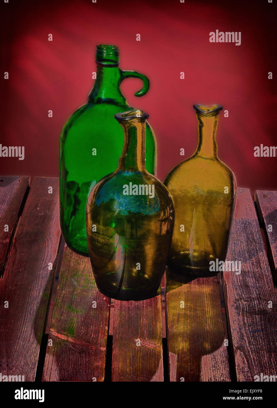 Download Three Empty Green Bottles Of Wine On A Wooden Table Style Of Oil Stock Photo Alamy PSD Mockup Templates